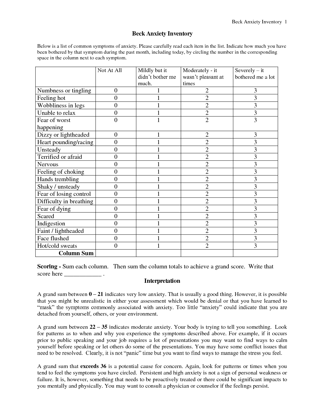 beck depression and anxiety inventory pdf
